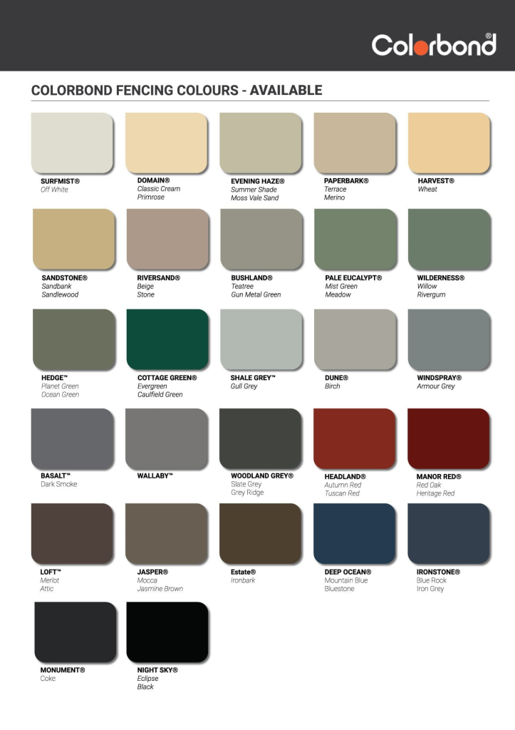 Colorbond Fencing Colours